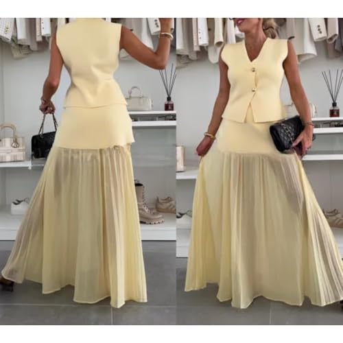 Women's V-neck Sleeveless Knitted Top + Splicing Temperament Suit,Spliced Tulle Elastic Waist Pleated Maxi Skirt3