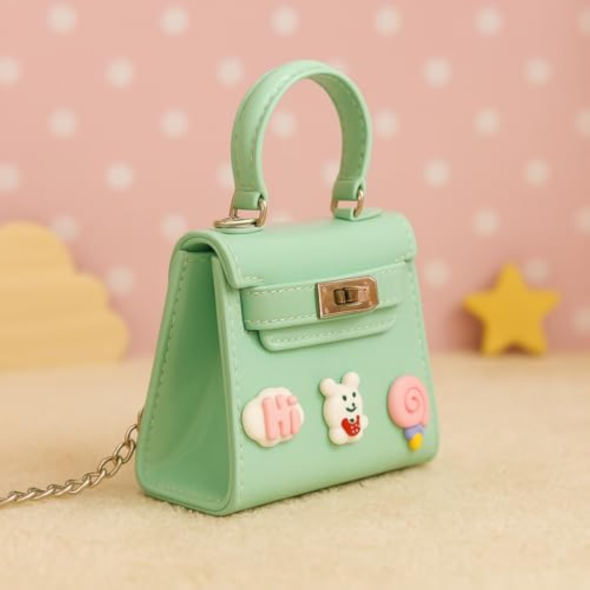 Mint Green Kids Handbag, Glossy Mini Purse with Bear Embellishments