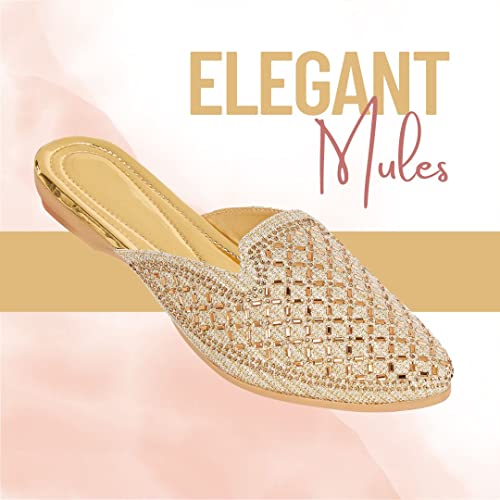 Image of Bellies for Women |Slip on Juttis Soft Padded |Stonework Mules for Ladies| Sparkling Upper |Back Open Casual Flats| Stylish Footwear Sandals for Ladies|Punjabi Mojari Half Shoes