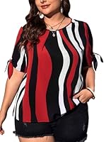 GORGLITTER Women's Plus Size Colorblock Striped Crewneck Knot Short Sleeve Blouse Top, Multicolor, L Plus