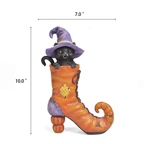 Halloween-Witches-Boot-Decor-Figurines-Black-Cat-in-Witch-Boot-Halloween-Dia-de-Los-Muertos-Decorations-Collectible-Figurines-7-L-x-28-W-x-10-H-Newman-House-Studio