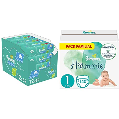 Pampers Lingettes Bébé Fresh Clean, 624 Lingettes, Sans Alcool, Parfum Rafraîchissant, Aussi Pour Les Mains Et Le Visage, Testées Dermatologiquement & Couches Taille 1, Harmonie, 140 Couches Bébé