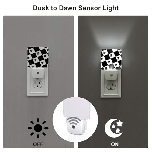 Image of Cat Fishes Black and White Checkered Night Light 2-Pack, LED Plug-in Auto Sensor Nightlights Set of 2 for Bedroom Bathroom