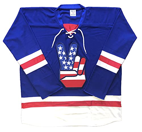 Peace Sign Hockey Jerseys - We Customize with Your Name and Number (Blue, Adult Goalie Cut)