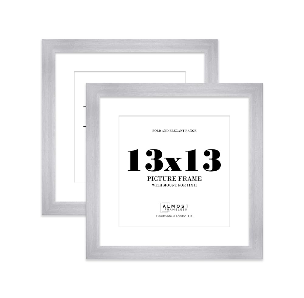 13x13" Silver Square Frame With Mount for 11x11" Pictures 28mm Edge Frame Display with Wall Hooks, 2 Pack