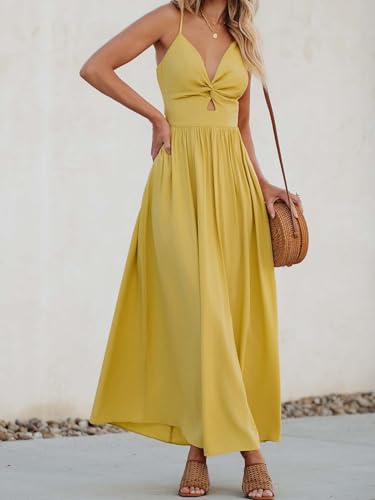 CUPSHE Women's Maxi Dresses V Neck Twisted Sleeveless Cutout Self Tie Long Summer Formal Dress Yellow, M - Image 3