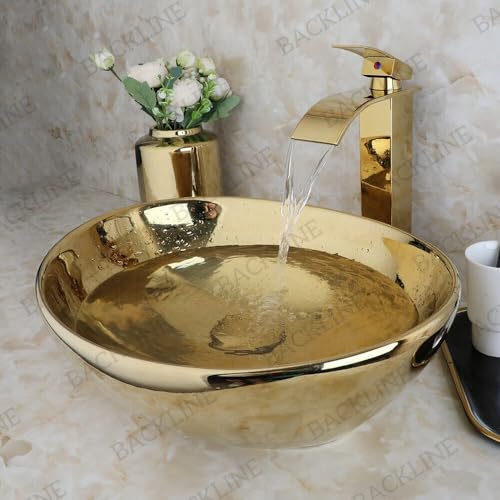 Image of Backline Wash Basin for Bathroom | Tabletop Wash Basin | Countertop Basins | Vessel Sink for Bathroom, Dining Hall. Vanity, Hotel, Living Room 41 X 34 X 14 cm (Gold Glossy) (Only Basin)
