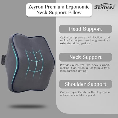 Image of Premium Car Neck Rest Pillow with 3-Year Warranty | Ergonomic Memory Foam Neck Pillow for Car | Exquisite Neck Rest with Elegant Packaging | Grey with Blue Piping (Pack of 1)