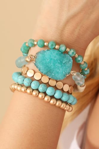 RIAH FASHION Bohemian Acrylic Druzy Multi-Layer Bead Statement Bracelet - Versatile Faux Stone Pendant Stretch Strand Stackable Cuff Bangle Set Sparkly Crystal2