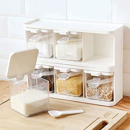 Caja de almacenamiento de especias, recipiente transparente para condimentos con tapa y asa de cuchara para una fácil organización, juego de 3 piezas