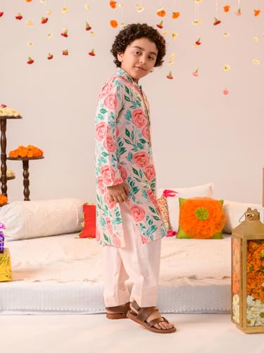 Pspeaches Boys Floral Printed Pure Cotton Kurta With Pyjamas