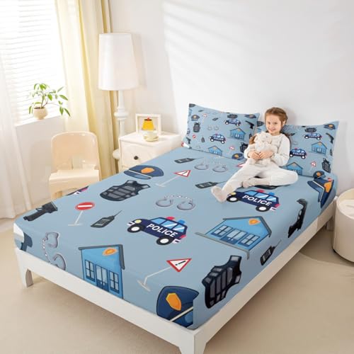 Police Car Fitted Sheet Full Size Policeman Vehicle Bedding Set 3Pcs(No Flat Sheet) Cute Cartoon Cars Print Bed Sheet for Boys Teens Room Decor Rescue Vehicles Deep Pocket Sheet