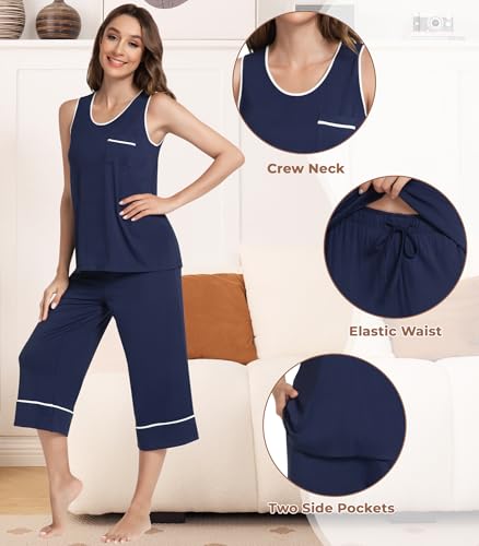 Image of NACHILA Pajamas Set for Women-Viscose Made from Bamboo, Tank Top with Capri Pants Pajama Cool Sleepwear Sleeveless Pjs