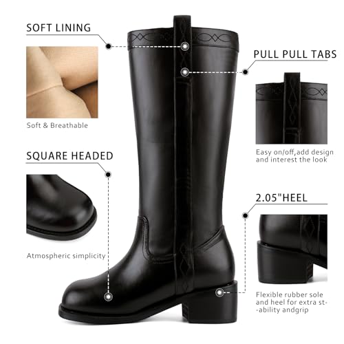 Image of UBWDU Women's Knee High Boots Chunky Block Heel Long Boots Square Toe Low Heel Boots for Women