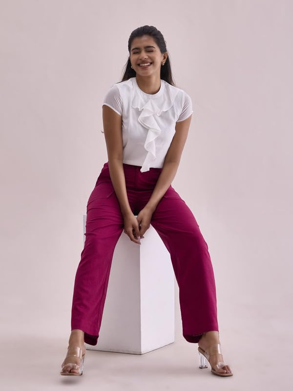Image of GO COLORS Solid Linen Cargo Pants for Women | Full Length, Mid Rise, Side Pockets