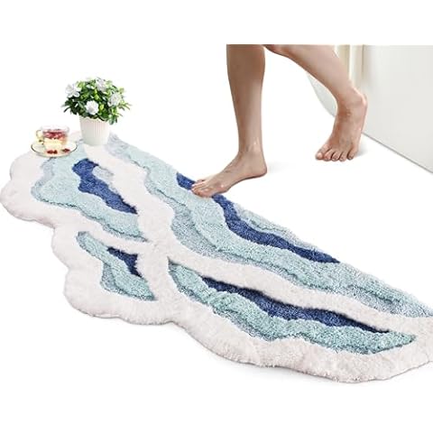 Ecqizer Cute Ocean Wave Bath Rugs Beach Bathroom Rugs Non Slip Washable for Beach Themed Room Décor Trendy Tufted Nautical Bathroom Rug for Bedrooms Kitchens and RVs (19.69" x 39.37") Cover