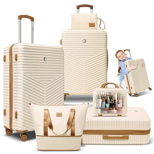 Image of Hoteel luggage Sets 6 Piece Carry on Luaagae Suitcases with Spinner Whells & TSA Lock (4-YEAR WARRANTY), Carry on Suitcase ABS+PC Hard Shell Travel Suitcases (13in /20in /24in /28in /DB /TB, Beige)