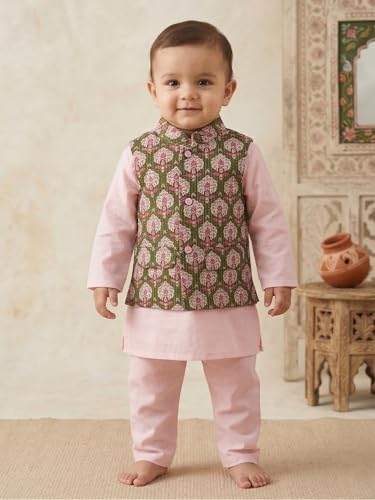 Image of Pspeaches Boys Cotton Full Sleeves Mandarin Collar Solid Kurta & Pyjamas With Dobby Jacket 3 Piece Set|Ethnic Wear For Cute Baby Boys|Traditional & Festive Outfit