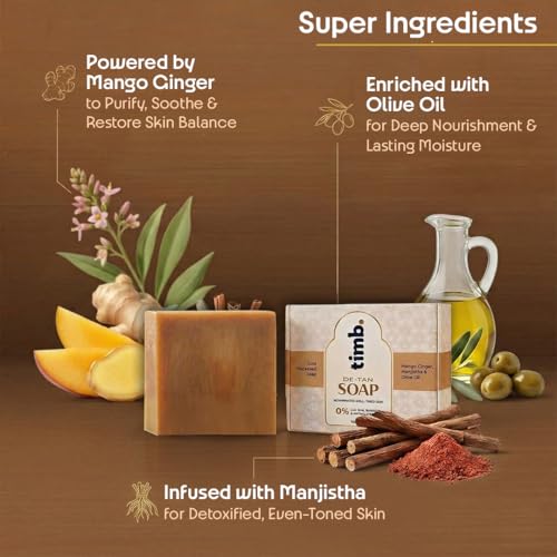 Image of Timb Tan Removal Bath Soap Bar | Handmade Cold Processed Skin Brightening Bathing Soap | With Mango Ginger, Manjistha & Olive Oil | 100% Chemical Free | For Men & Women - 100g (Pack of 3)