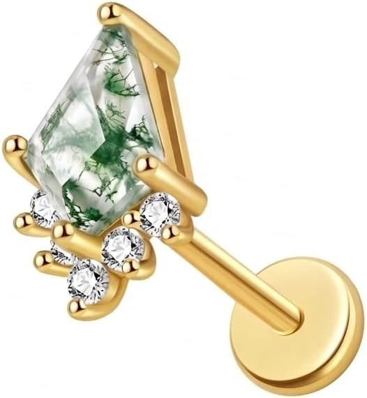 Moss Agate/Moonstone Helix Earrings for Women 1 Pcs 18G 8mm Titanium Post Flat Back Stud Cartilage Earrings Helix Piercing Jewelry