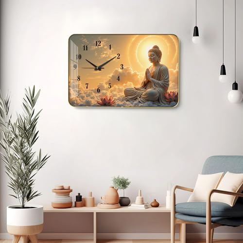 Image of Decorative Wall Clock with Glass Finish for Home & Office Decor (24x16 Inch) | Religious Buddha Wall Clock for Living Room & Temple