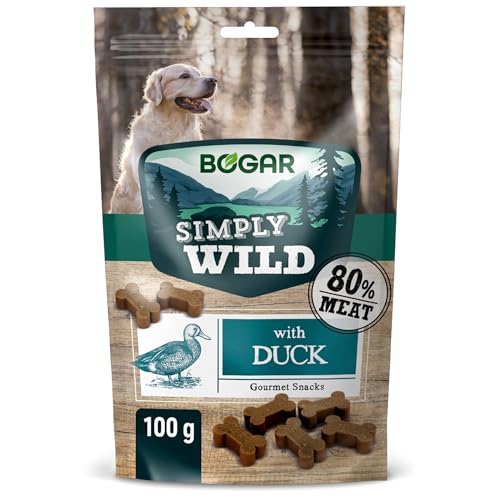 Bogar - Simply Wild - Snack per cani - Cibo per tutte le taglie di cane - Biscotti per cani a forma di osso - Integratori per animali - Gusto anatra - 100g