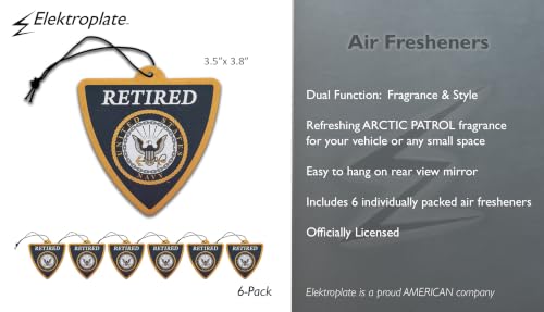 Image of Elektroplate Retired US Navy Crest Car Air Freshener 6-Pack | Officially Licensed, Long-Lasting Arctic Patrol Scent, Vivid Naval Shield Graphics, Versatile Hanging Design
