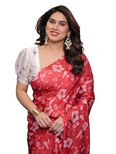 Image of ALMAARI FASHION Satin Georgette Floral Printed Saree with Blouse, 5.5 Meter Saree with 0.8 Meter Blouse, Traditional (SG 106 SH)