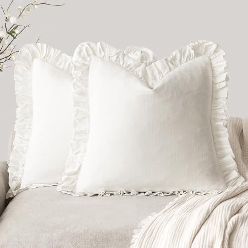 Image of Foindtower Set of 2 Decorative Soild Fringe Ruffle Throw Pillow Covers Soft Boho Farmhouse Cushion Cover Cozy Accent Retro Pillowcase for Couch Sofa Bed Living Room Home Decor,22x22 Inch,White