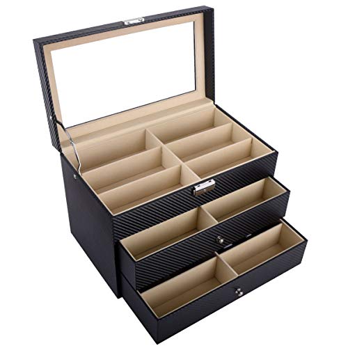 AUTOARK Carbon Fiber Leather 18 Piece Eyeglasses Storage and Sunglass Glasses Display Drawer Lockable Case Organizer,Black,AW-057