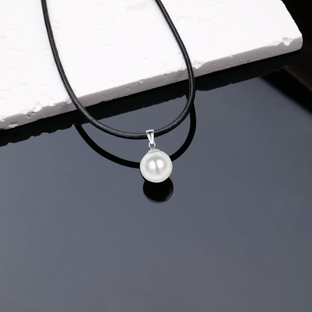 Perlen Leder Halskette für Damen Echtes Leder 45 cm 925er Silber Verschluss Anhänger Kette 12 mm runde Naturperle Muschelperle
