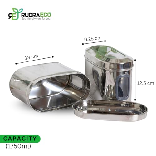 Image of Airtight Stainless Steel Storage Containers Set of 2 | 1750ml Steel Kitchen Canisters with See-Through Window | Food Grade Multipurpose Capsule Jars for Rice, Dal, Grains & Snacks