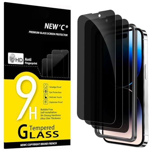 NEW'C 3 Pack Privacy for iPhone 14 Pro Screen Protector (6.1 inches), Anti-Spy Tempered Glass Film,Case Friendly Ultra Resistant, Balanced 28-Degree Privacy Angle - Easy installation tool included