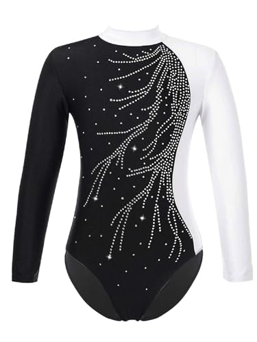 Vxuxlje Justaucorps Gymnastique Enfant Fille Justaucorps Danse Ballet à Manches Longues Strass Brillant Bodysuit Patinage Compétition Combinaison Body Gym Sport, Blanc, 13-14 ans