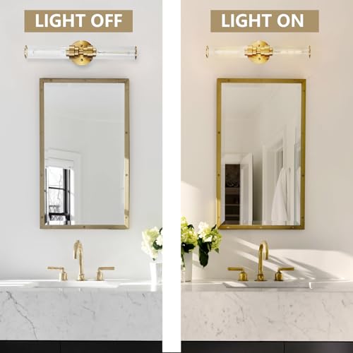 Image of Modern Bathroom Light Fixtures 2 Lights Above Mirror Gold Vanity Light 20 Inch Clear Glass Wall Sconce for Living Room, Bedroom, Bathroom, Kitchen and Hallway