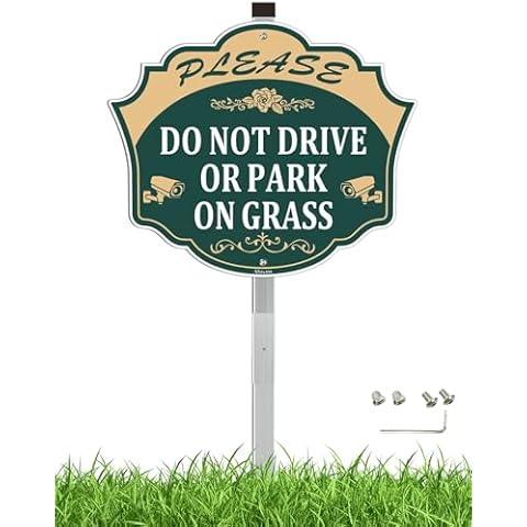 Please Do Not Drive Or Park On Grass Yard Sign 12" x 10" Keep Off Grass Sign with Stake for Yard, No Parking on Grass Sign, 28" Bend-Proof Stake Metal Sign Kit, Rust-Free Aluminum, 1 Pack Cover
