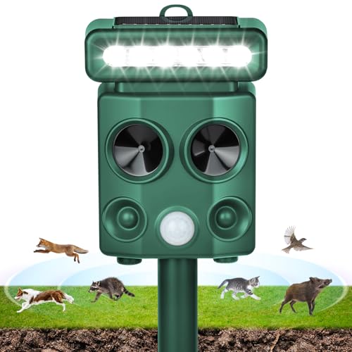 AOOWU Repulsif Chat Solaire, 4 Modes Imperméable Repulsif Chat Ultrason Exterieur, répulsif à ultrasons avec Détecteur de Mouvement, Charge USB, avec Lumière LED, pour Anti Chats Chiens Souris Ratons