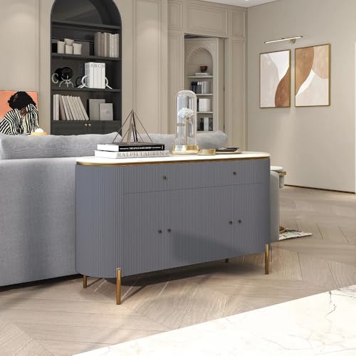 Image of Modern Console Table, 55 x 15 x 30 inch, White Ribbed Design, Marble Top, Gold Accents, 4-Door Storage Cabinet, Waterproof Plywood, PVD-Coated Legs, Elegant Entryway (Grey)