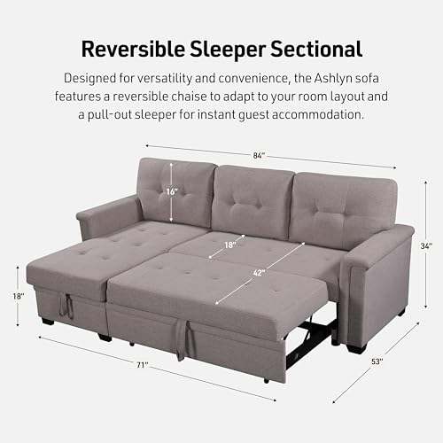 Lilola Home Convertible Sleeper Sofa Bed 84 Inch, L Shaped Sectional Couch with Pull Out Bed, USB Charging Ports, Storage Chaise for Living Room, Office, Linen Fabric, Light Gray