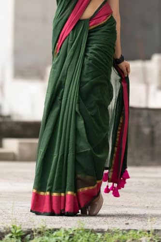 Image of Sudip callection Handloom Mul Cotton Saree for Women - Bottle Green with Pink Border Golden Zari Line & Tassel Pallu