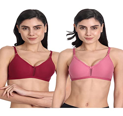 Image of Women's Full Coverage Cotton Blend Bra | Wired Free Lightly Padded Everyday Wear Bras | Soft Breathable Comfortable T-Shirt Bra | Adjustable Straps Lightweight Daily Inner wear for Women Pack of 2