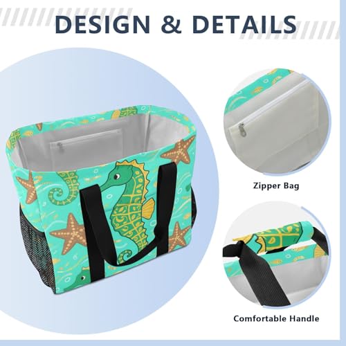 Green Seahorses Pattern Beach Tote Pool Bags for Women Ladies Large Waterproof Gym Tote Carry On Bag for Weekender Swim Gym Shopping Travel Daily Bag4