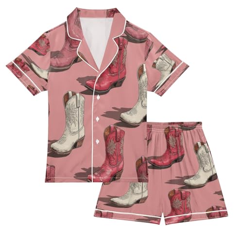 Satin Pajama Sets Short Sleeve Cowboy Boots with Floral Prints Button Down Silky Nightwear 2 Piece PJS 5-14Y