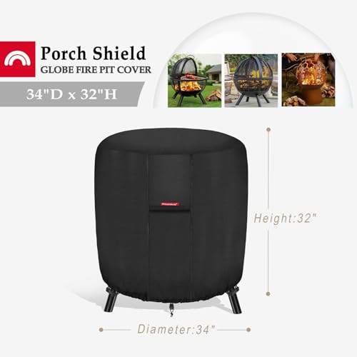 Image of Porch Shield Fire Pit Cover Waterproof Outdoor 600D Round Firepit Cover for Ikuby Globe Fire Ball - 36 inch D x 34 inch H, Black
