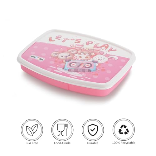 Image of Nayasa Witty Deluxe Mini 2 Compartment Lunchbox | BPA Free and Food Grade Plastic Tiffin | Cute Cheerful Animal Print | 450 ML | Pink