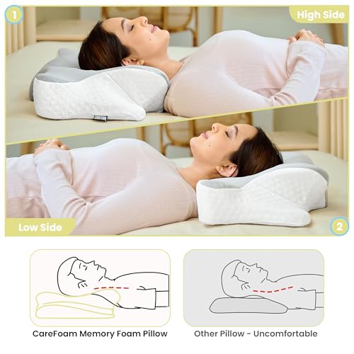 Image of CareFoam Butterfly Memory Foam Orthopedic Pillow with Arm Rest & Dual Height | Neck Head & Shoulder Support Effective for Sleep Disorders, Insomnia, Snoring & sleep Apnea | White & Grey Jacquard Cover