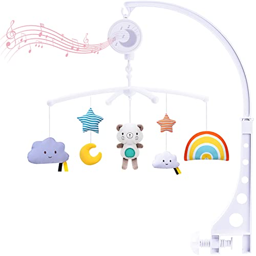 MULEVIP Móvil Musical Bebé Cuna Musical Campana,Móvil Musical con Melodía Suave para Cuna Campana de Cabecera Giratoria de 360°,para de Cama Infantil para Recién Nacidos Regalo - 0+ Meses - Blanco Cover