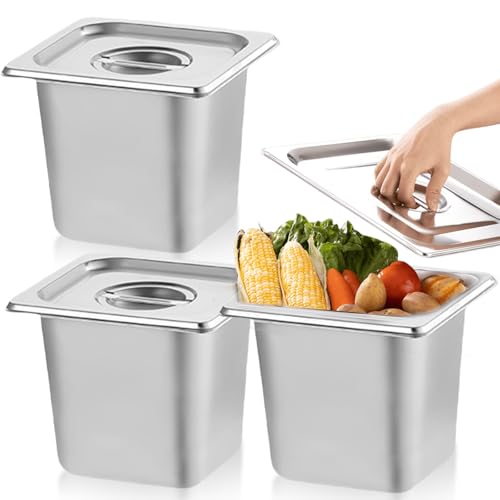 Lot de 3 poêles d'hôtel en acier inoxydable avec couvercle, 1/6 en acier inoxydable avec couvercle (17,6 x 16,2 x 10 cm), résistantes à la chaleur, empilables, récipients pour buffet, restauration et