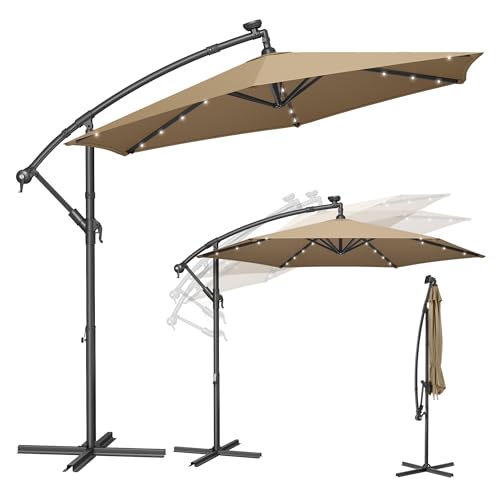 SONGMICS Parasol Déporté avec 32 LED, 300 cm de Diamètre, Socle en Croix, Ombrelle, Protection UPF 50+, Manivelle d'Ouverture et de Fermeture, Jardin,...
