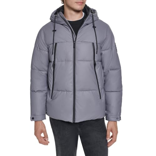 KARL LAGERFELD Paris Men's Hooded Puffer Jacket with Zip Pockets, Grey, Large